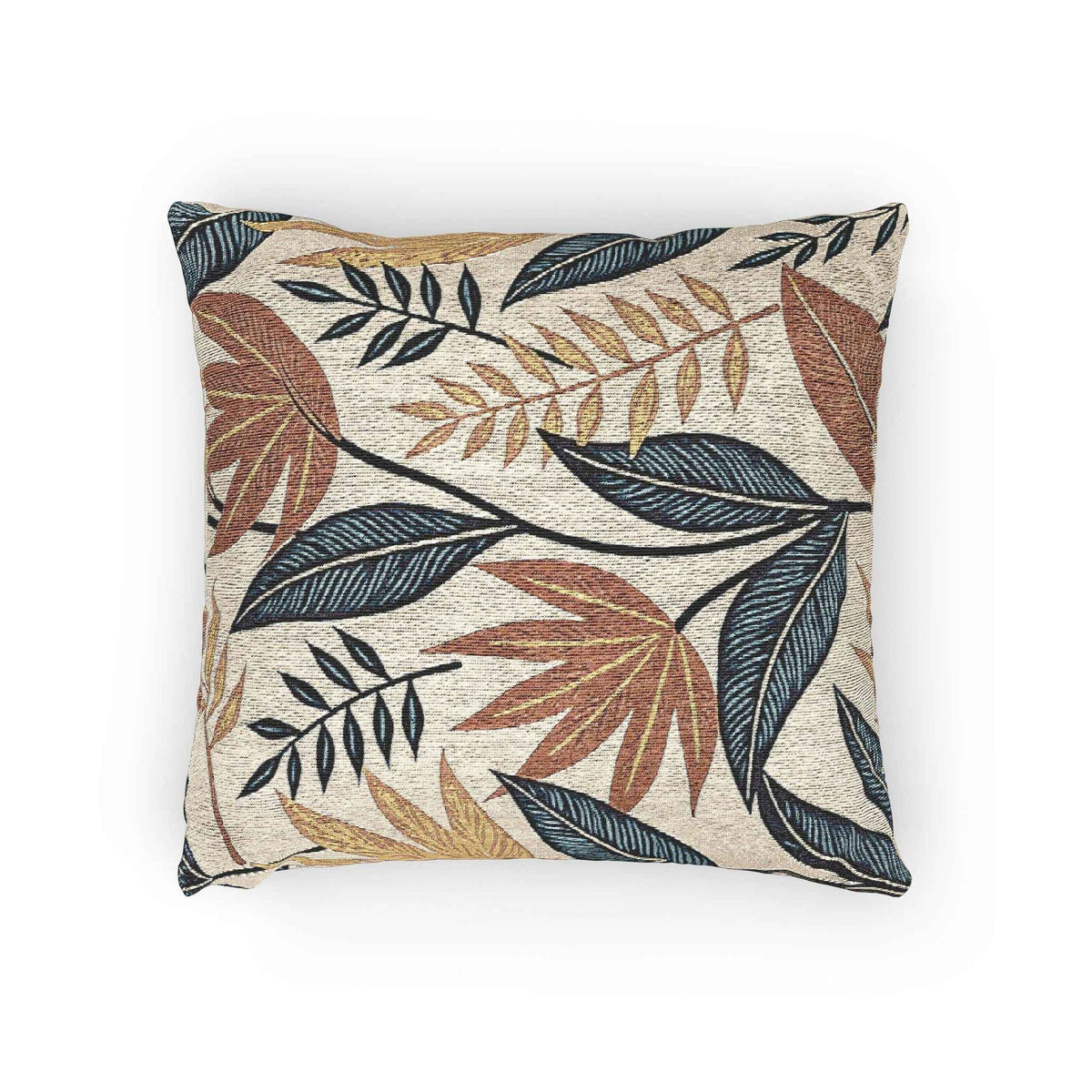 Tropical Leaf Pattern Woven Pillow | Botanical Throw Pillow, Neutral Blue Rust Design