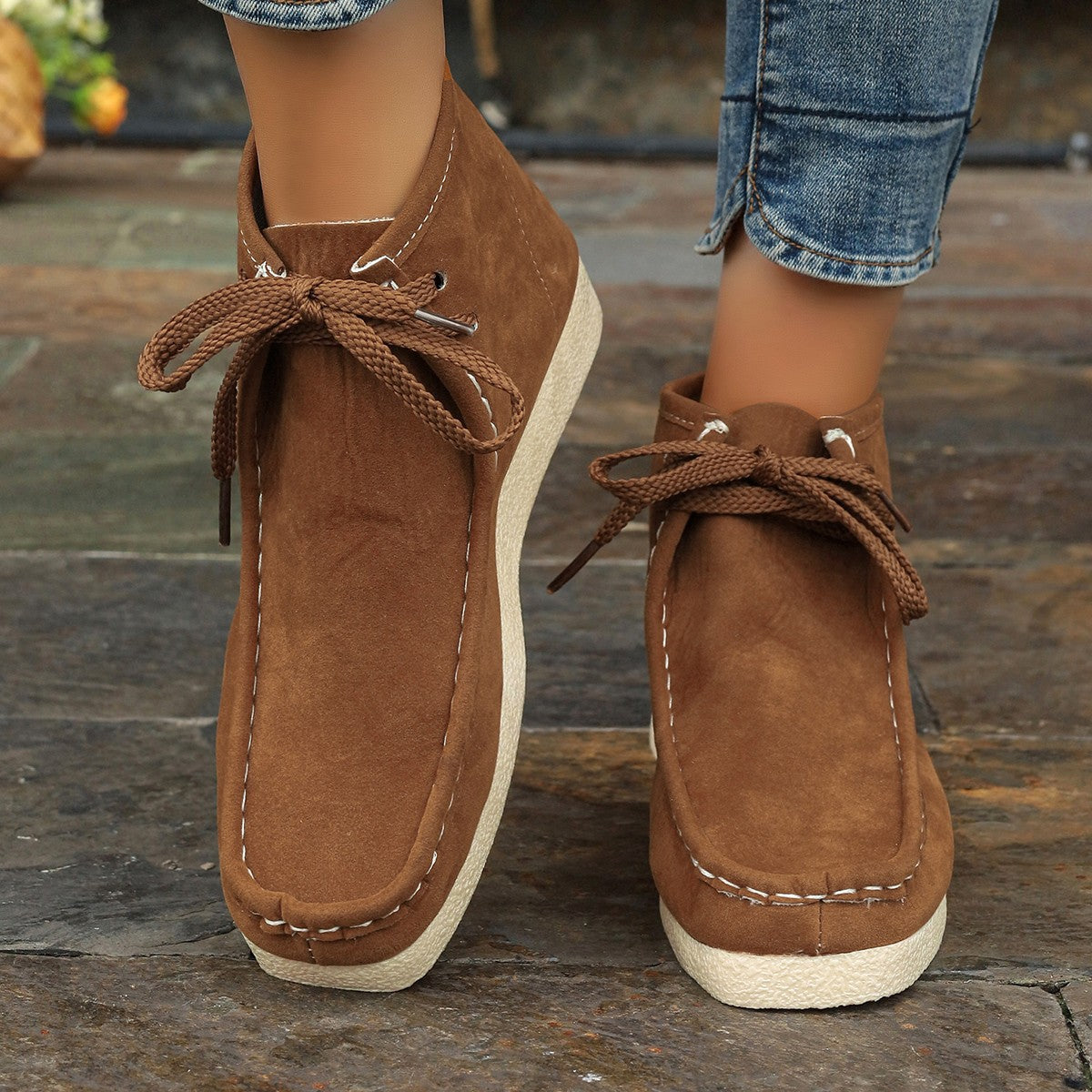 Women's Hidden Heel Ankle Boots – Stitched Detail Lace-Up Suede Fashion Shoes