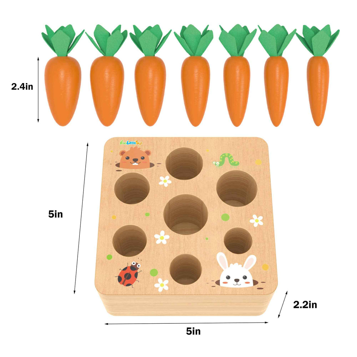 Fun Little Toys - Wooden Carrot Harvest Shape & Size Sorting Game - Ages 3+