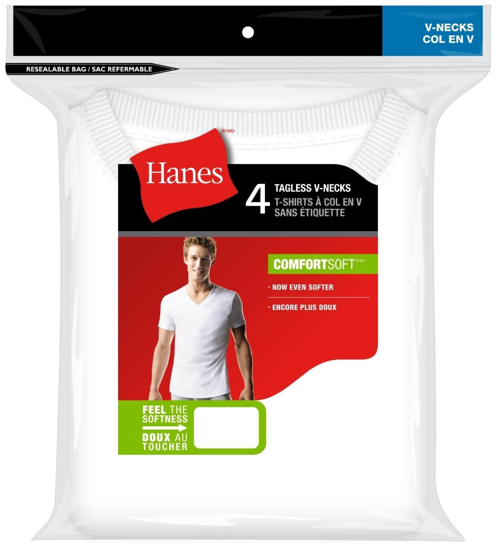 Hanes Men's ComfortSoft 4 Pack FreshIQ Cotton V-Neck T-Shirt, White, Small 🍁 All In One Marketplace Canada