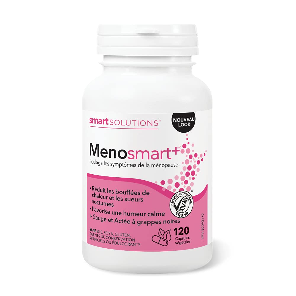 Smart Solutions Menosmart+ Vegetarian Capsules, Reduces Hot Flashes and Night Sweats, Promotes a Calm Mood, and Relieves Menopause Symptoms. With Sage, Black Cohosh, and Chasteberry, Gluten-Free, 120 Count 🍁 All In One Marketplace Canada