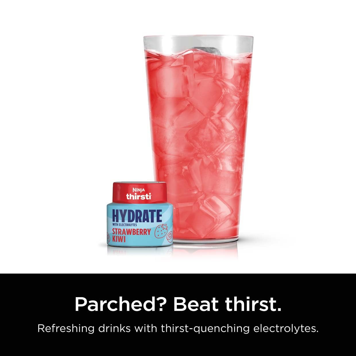 Ninja Thirsti HYDRATE Strawberry Kiwi Flavoured Water Drops with electrolytes and contain 0 calories*, 0 sugar* (*per 12oz classic serving). . Turn water into refreshing fruit-flavoured sparkling or still drinks with Ninja Thirsti Hydrate Flavoured Water