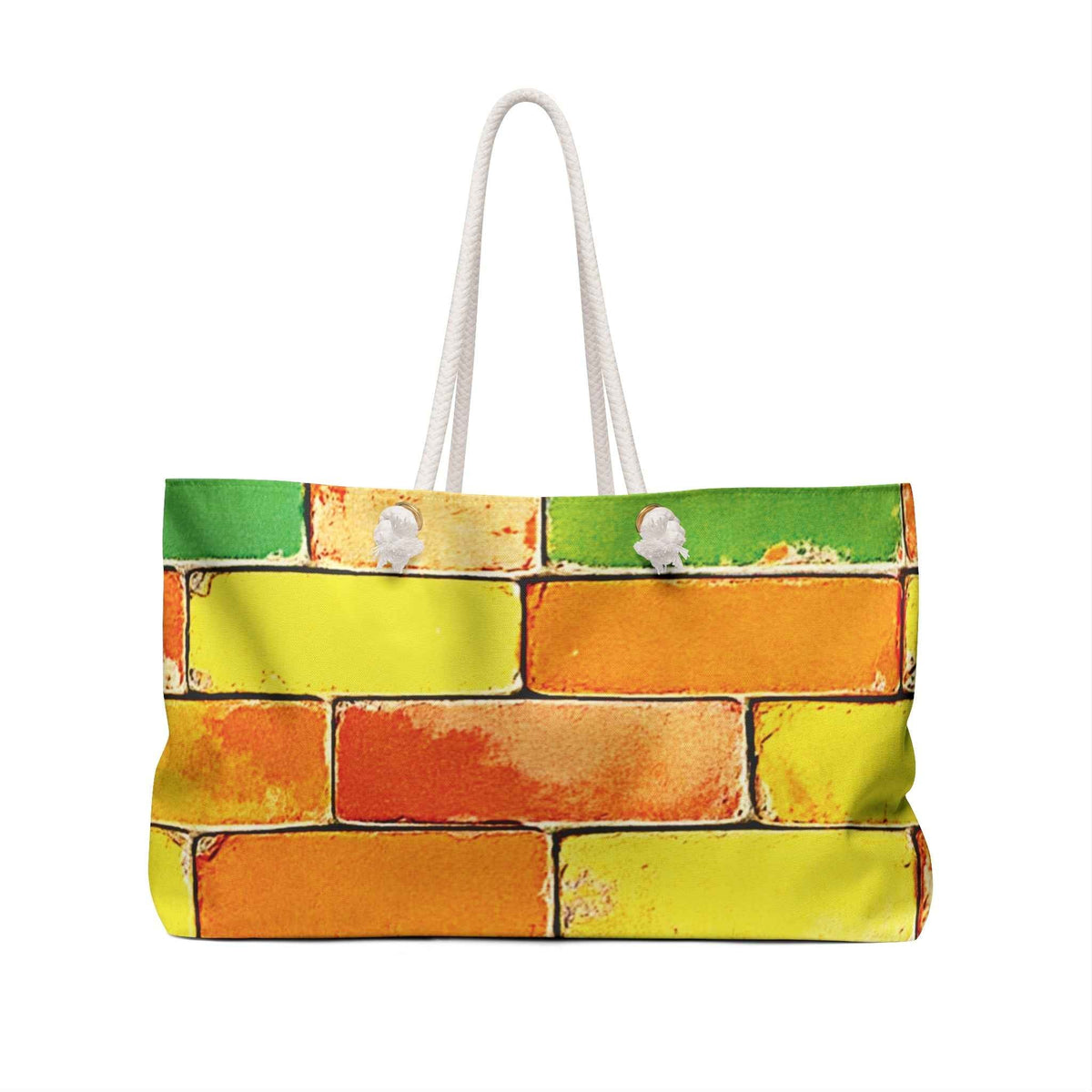 Colorful Brick Pattern Weekender Bag | Yellow Orange Green, Large Tote Bag