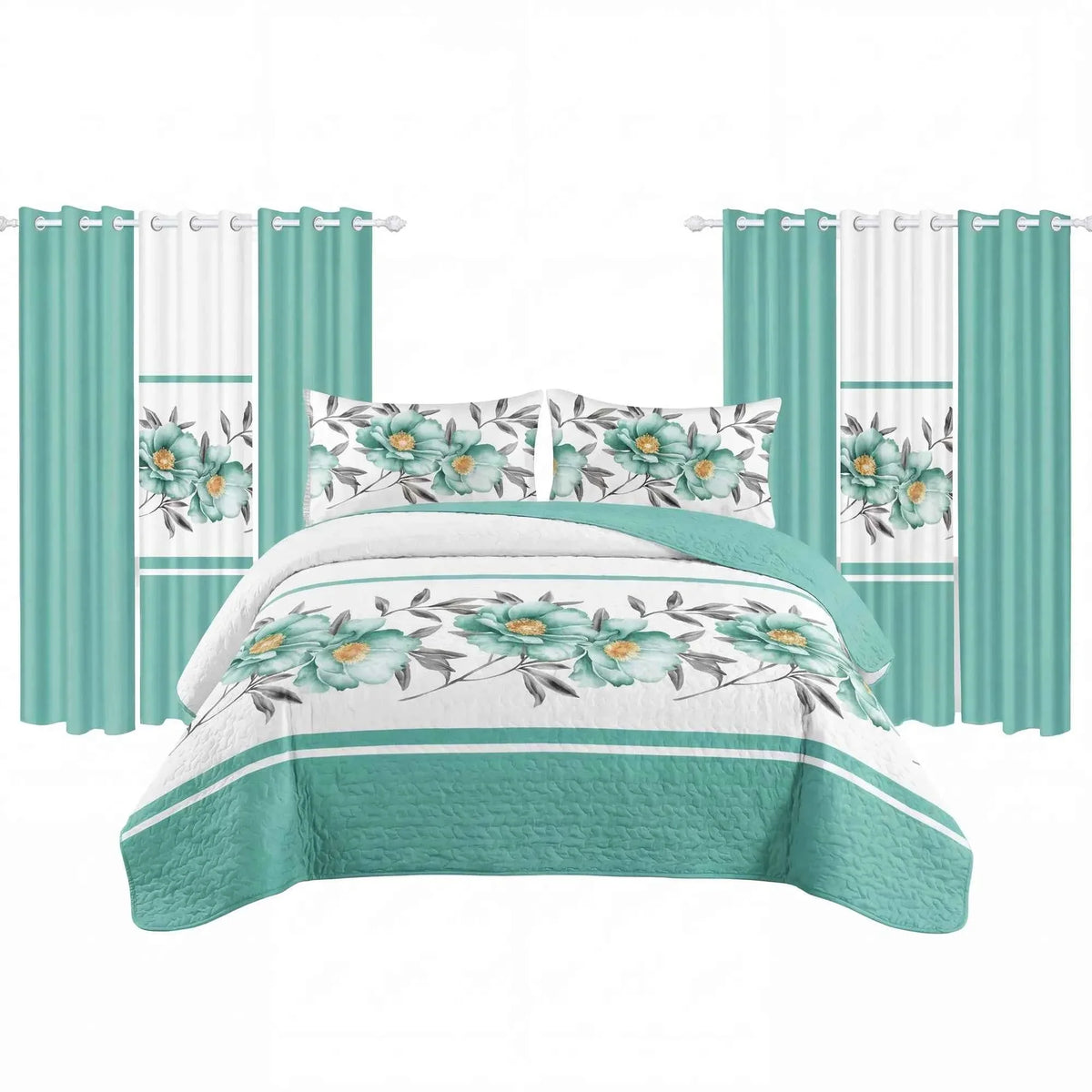 9-Piece Queen Quilted Bedspread & Curtain Set – Bedding Ensemble with Sheer Grommet Drapes (United States & Canada Delivery Only)