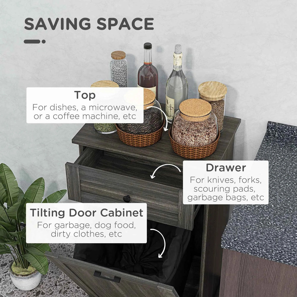 Charcoal Grey Tilt-Out Trash Bin Cabinet – Freestanding Kitchen Recycling Cabinet with Drawer (United States & Canada Delivery Only)