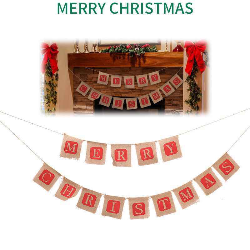 Merry Christmas Burlap Banner Garland, 14pc Sackcloth Flags Decoration
