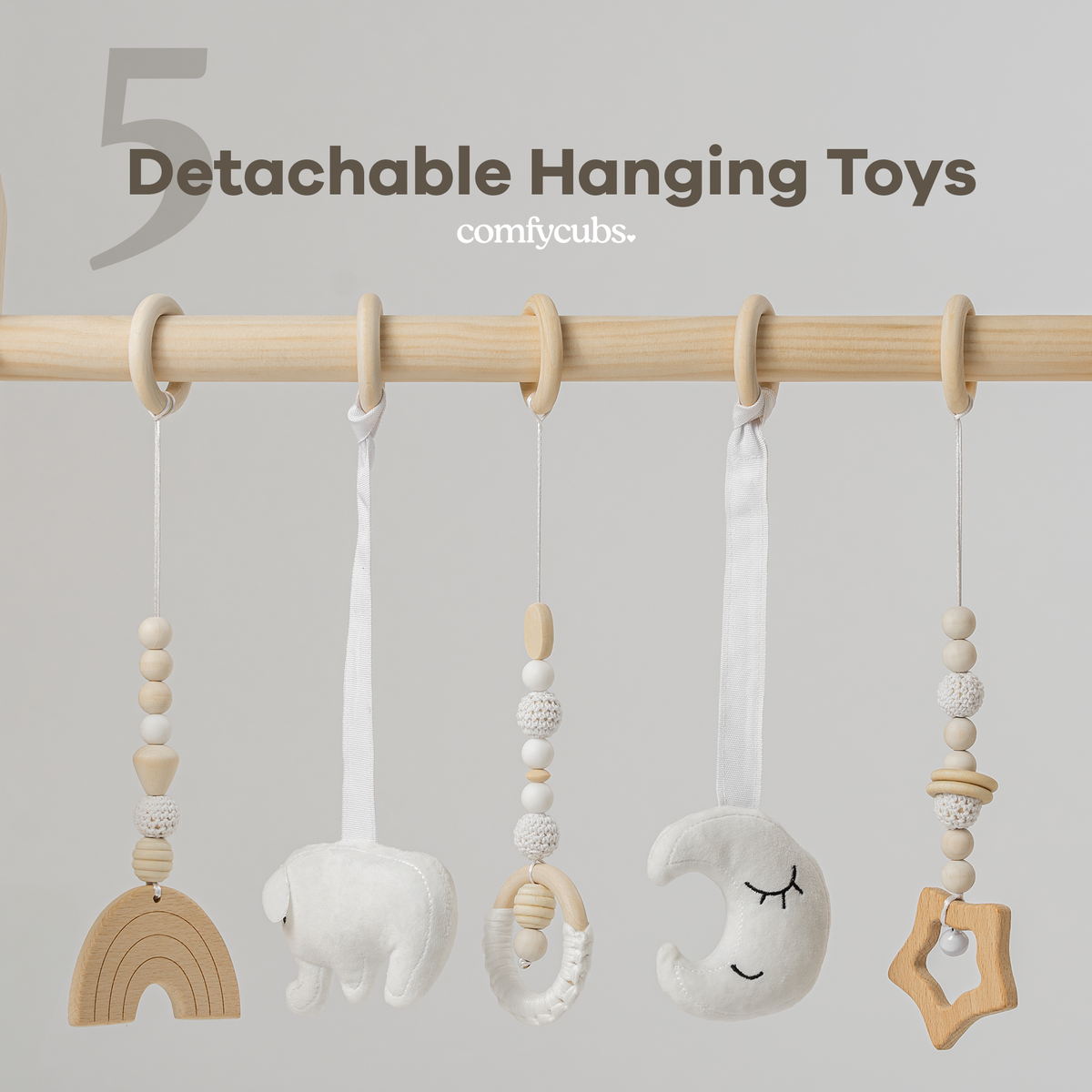 Comfy Cubs - Foldable Baby Play Gym with 5 Hanging Toys - Natural Wood - Ages 0–12 Months