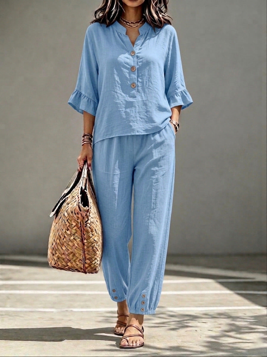 Women’s 2-Piece Casual V-Neck Top & Cropped Wide-Leg Pants Set – Retro Office Outfit