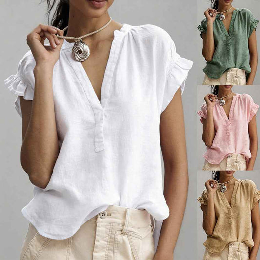 Women's Casual V-Neck Cotton-Linen Blouse Top Summer Ruffle Short-Sleeve Solid Color Office Daily Wear Shirts