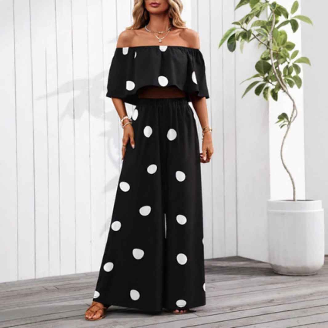 Womens Elegant Resort Polka-Dot Tube Top And Pants Set