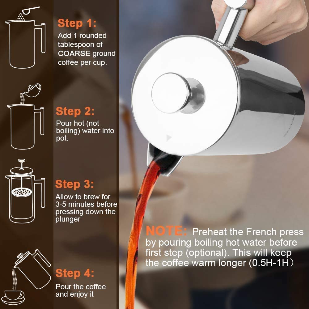 Secura French Press Coffee Maker, 304 Grade Stainless Steel Insulated Coffee Press with 2 Extra Screens, 34oz (1 Litre), Silver 🍁 All In One Marketplace Canada