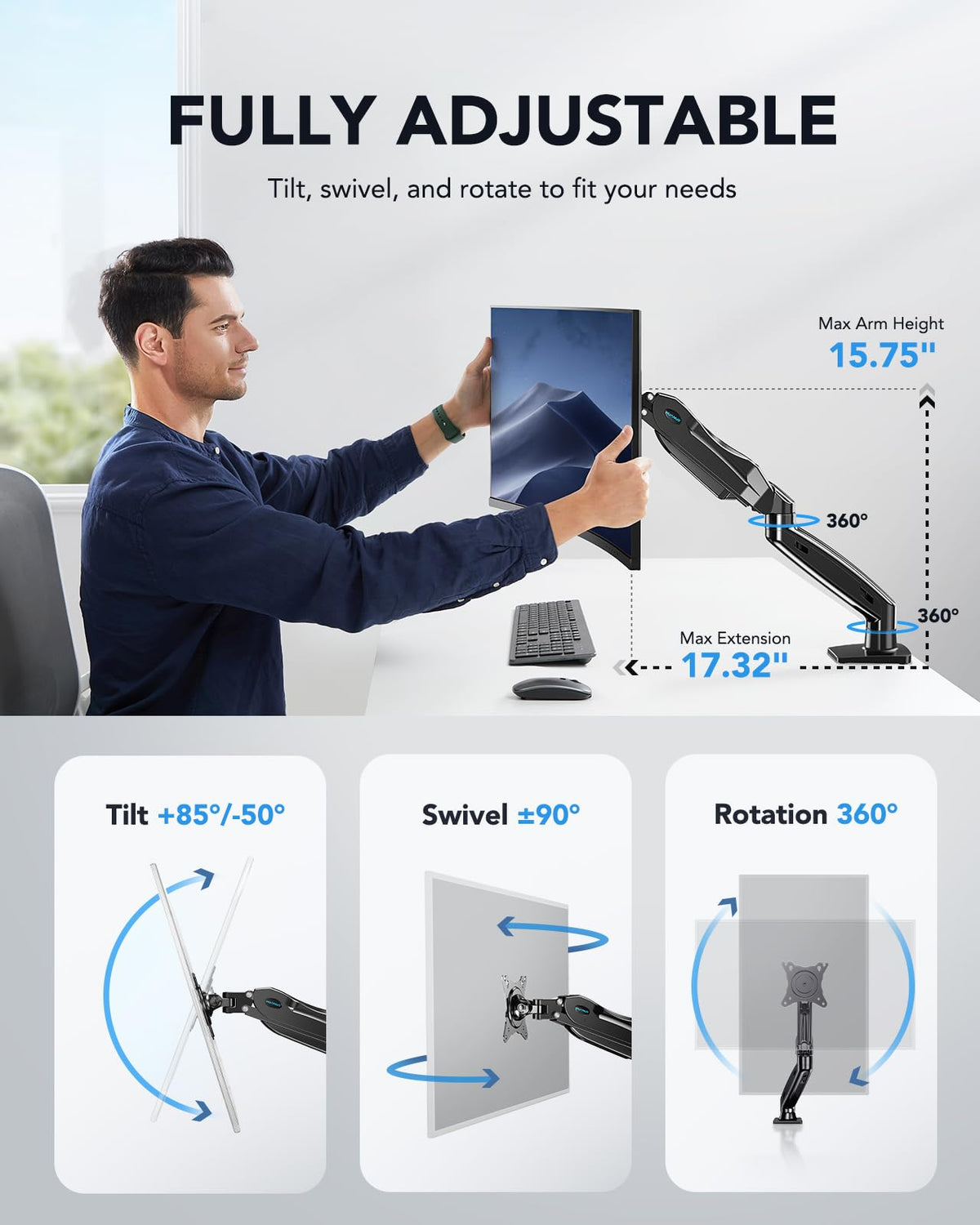 HUANUO Single Monitor Mount, 13 to 32 Inch Design Monitor Arm, Adjustable Stand, Vesa Mount with Clamp and Grommet Base - Fits 4.4 to 19.8lbs LCD Computer Monitors 🍁 All In One Marketplace Canada