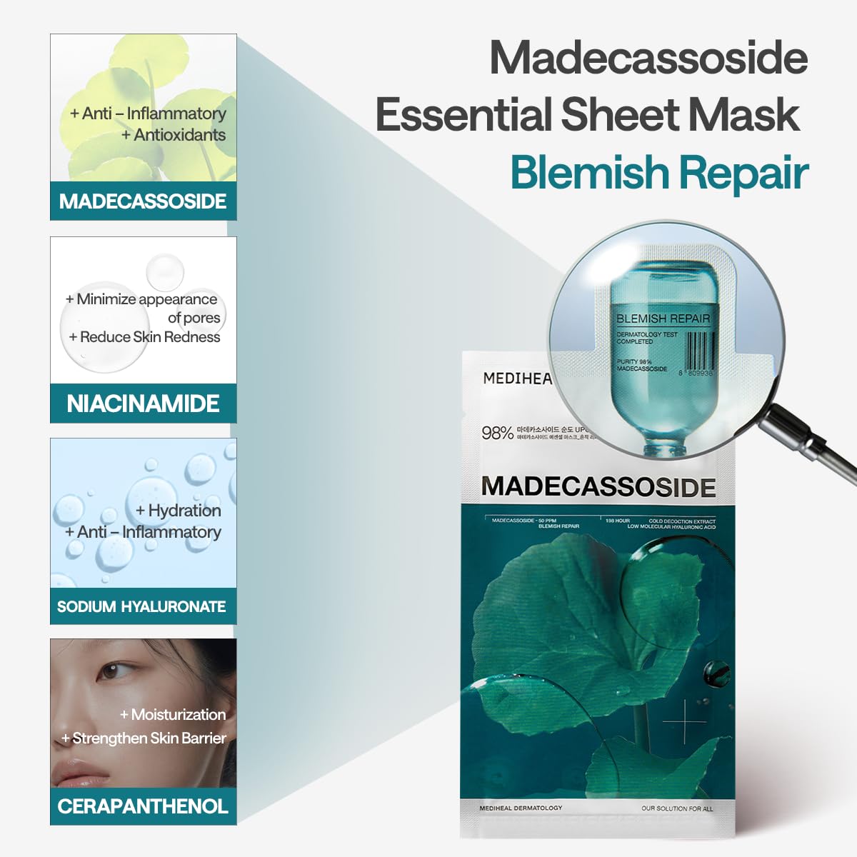 MEDIHEAL Madecassoside Essential Face Mask - Korean Skincare, Blemish Repair with Hyaluronic Acid, Moisture Barrier & Skin Texture Care for Women, Vegan Formula (10 Sheets) 🍁 All In One Marketplace Canada