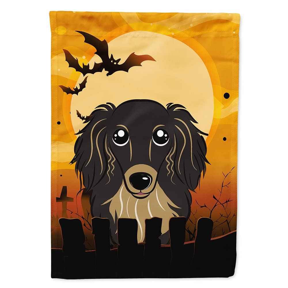 Caroline's Treasures BB1771CHF Halloween Longhair Black and Tan Dachshund Canvas House Size Flag