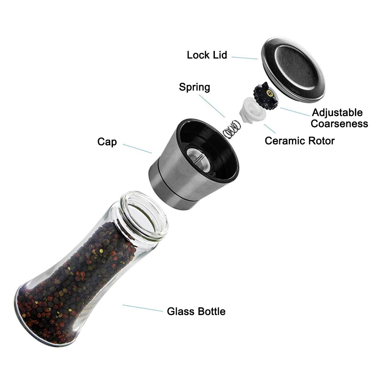 Pepper Grinder or Salt Grinder, Best Spice Mill with Ceramic Blades, Adjustable Coarseness, Brushed Stainless Steel Cap, and Refillable Tall Glass Body with 6OZ Capacity (7.5") 🍁 All In One Marketplace Canada