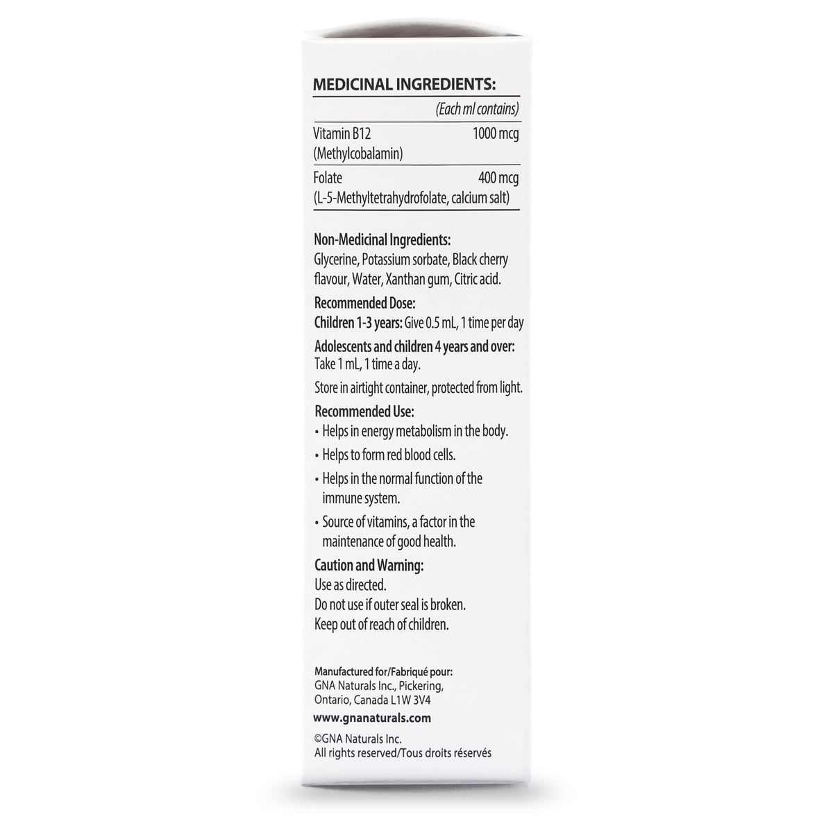 GNA Naturals Kids Vitamin B12 with Folate Supplement, 60ml - VitaminB12 Methylcobalamin 1000 mcg - Liquid Drops for Kids - Cherry Flavour- Methyl B12 Folate Supplement - Vitamin-B12-Complex – Vegan – For energy, metabolism and supports memory– Made in Can