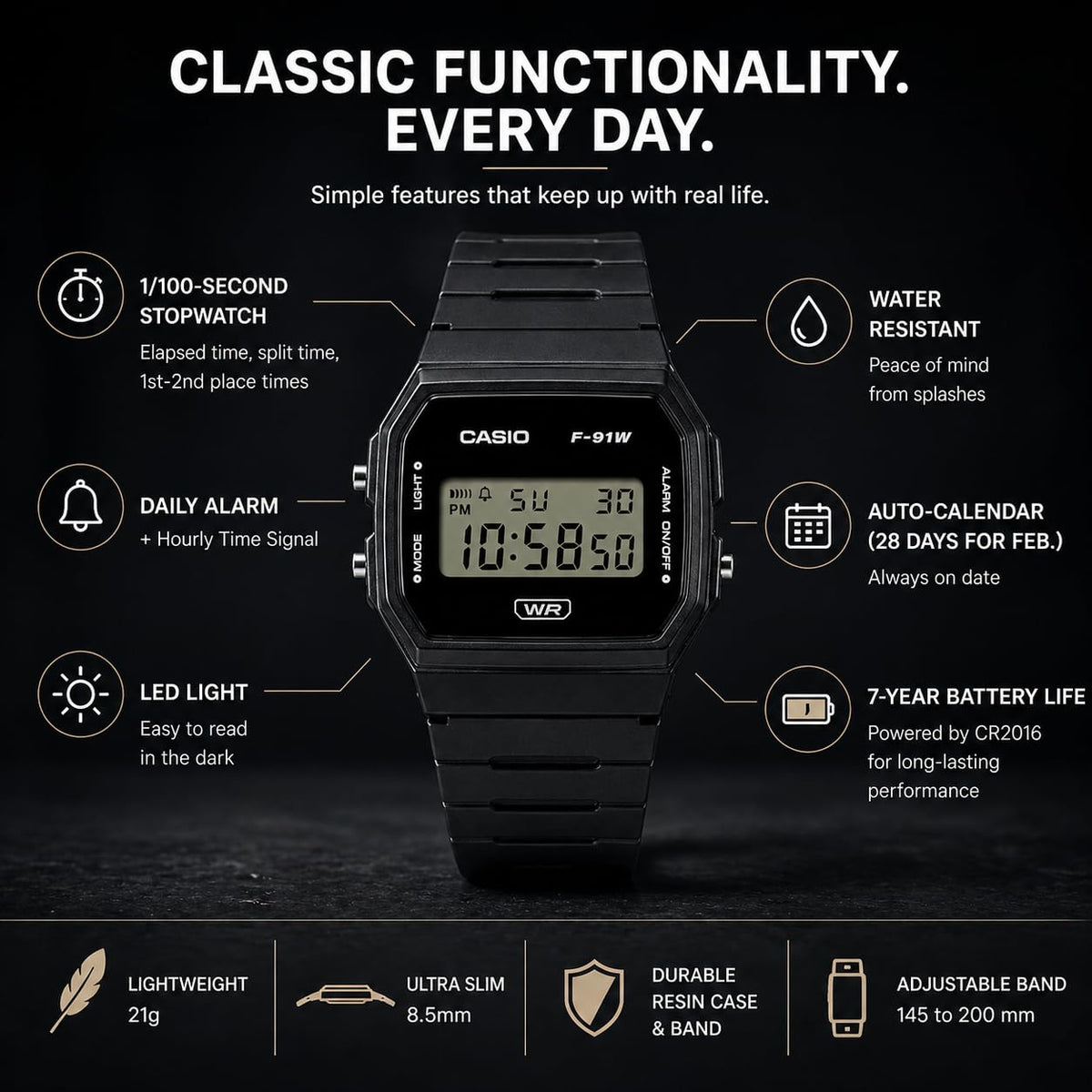 Casio F-91WB Series | Men's Digital Watch | Environmentally Friendly Bio-Based Resin | Alarm | Date Indicator | 7-Year Battery, Black 🍁 All In One Marketplace Canada
