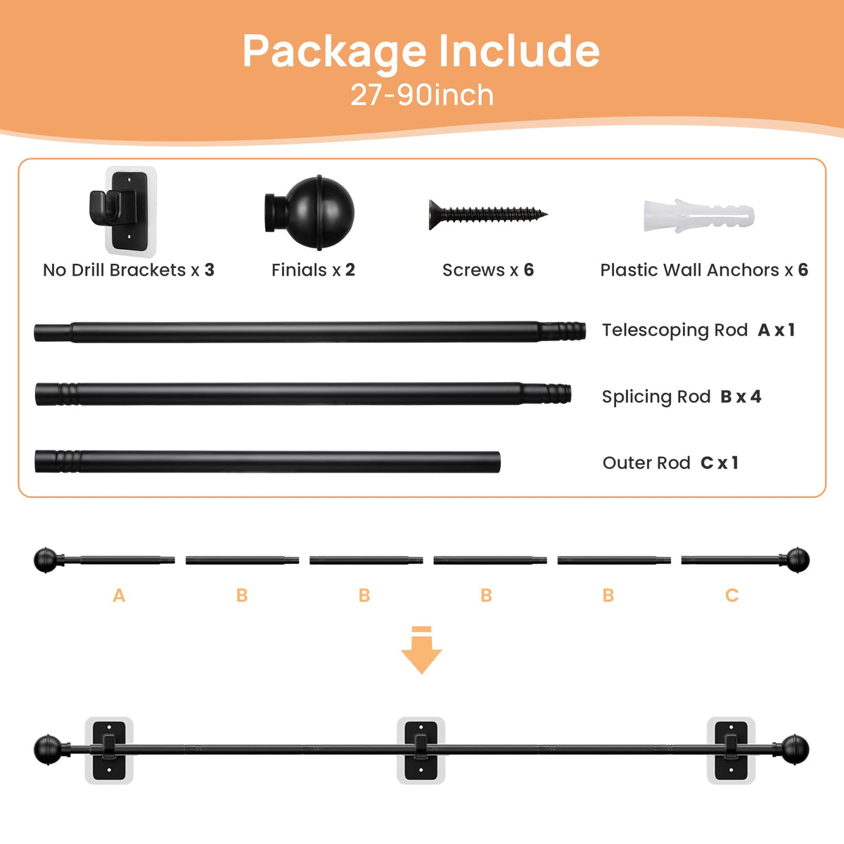 upsimples No Drill Curtain Rods for Window 48 to 84 Inches, 5/8 Inch Diameter Renter Friendly Drapery Rod with Adhesive Brackets without Drilling, Adjustable from 27 to 90 Inches, Black 🍁 All In One Marketplace Canada