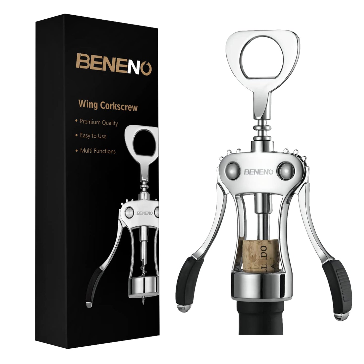 Wine Opener, BENENO Zinc Alloy Premium Wine Bottle Opener Wing Corkscrew with Multifunctional Corks and Caps Bottle Opener, Upgrade 🍁 All In One Marketplace Canada