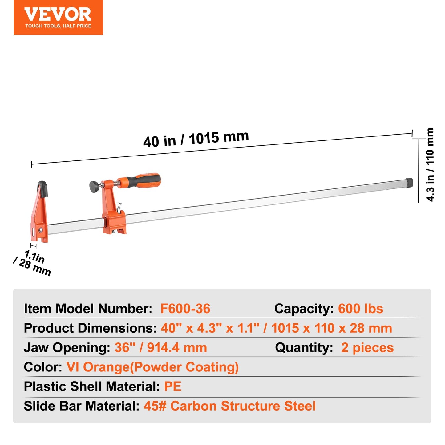 VEVOR Bar Clamps for Woodworking, 2-Pack 36" Clamp, Quick-Change F Clamp with 600 lbs Load Limit, 2.5" Throat Depth, Cast Iron and Carbon Steel, Wood Clamps for Woodworking Metal Working 🍁 All In One Marketplace Canada
