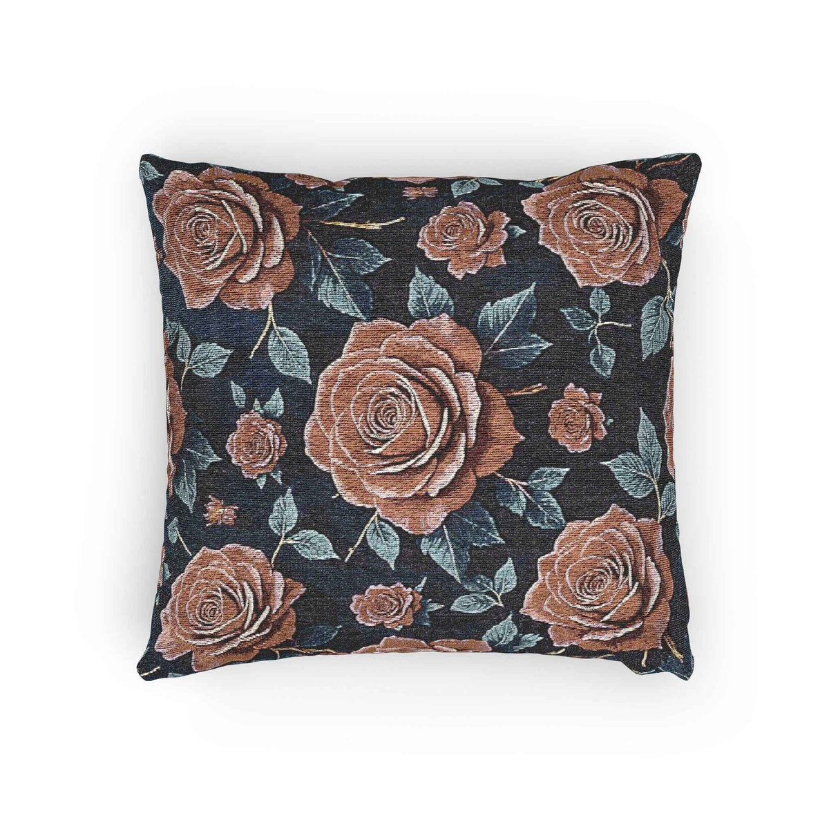 Vintage Rose Woven Pillow | Floral Needlepoint Style, Navy Background
