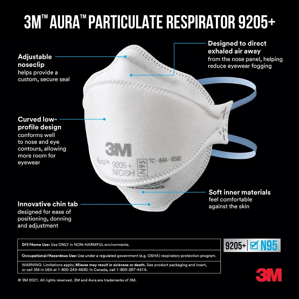 3M Aura N95 Particulate Respirator N95 Mask 9205PP-10-DC, 10 Masks 🍁 All In One Marketplace Canada