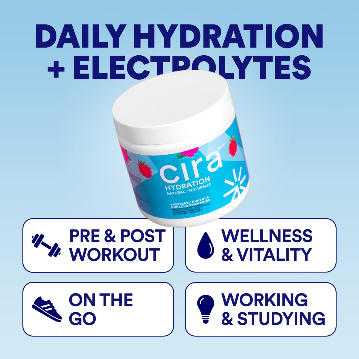 Cira Hydration Electrolytes Powder - Daily Electrolyte Powder, Sugar Free, Naturally Sweetened w/Stevia, Hydration Powder w/Himalayan Salt for Dehydration Relief - Raspberry Hibiscus, 45 Servings 🍁 All In One Marketplace Canada