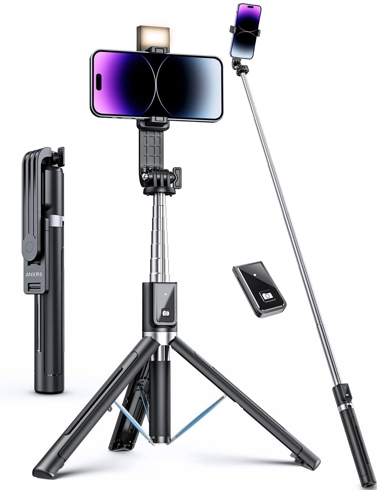 ANXRE Selfie Stick Tripod with Fill Light and Stable Base, Extendable Phone Tripod with Detachable Wireless Remote, 50" Travel Stand for Cell Phone Film & Vlog Compatible with iPhone Android Gopro 🍁 All In One Marketplace Canada