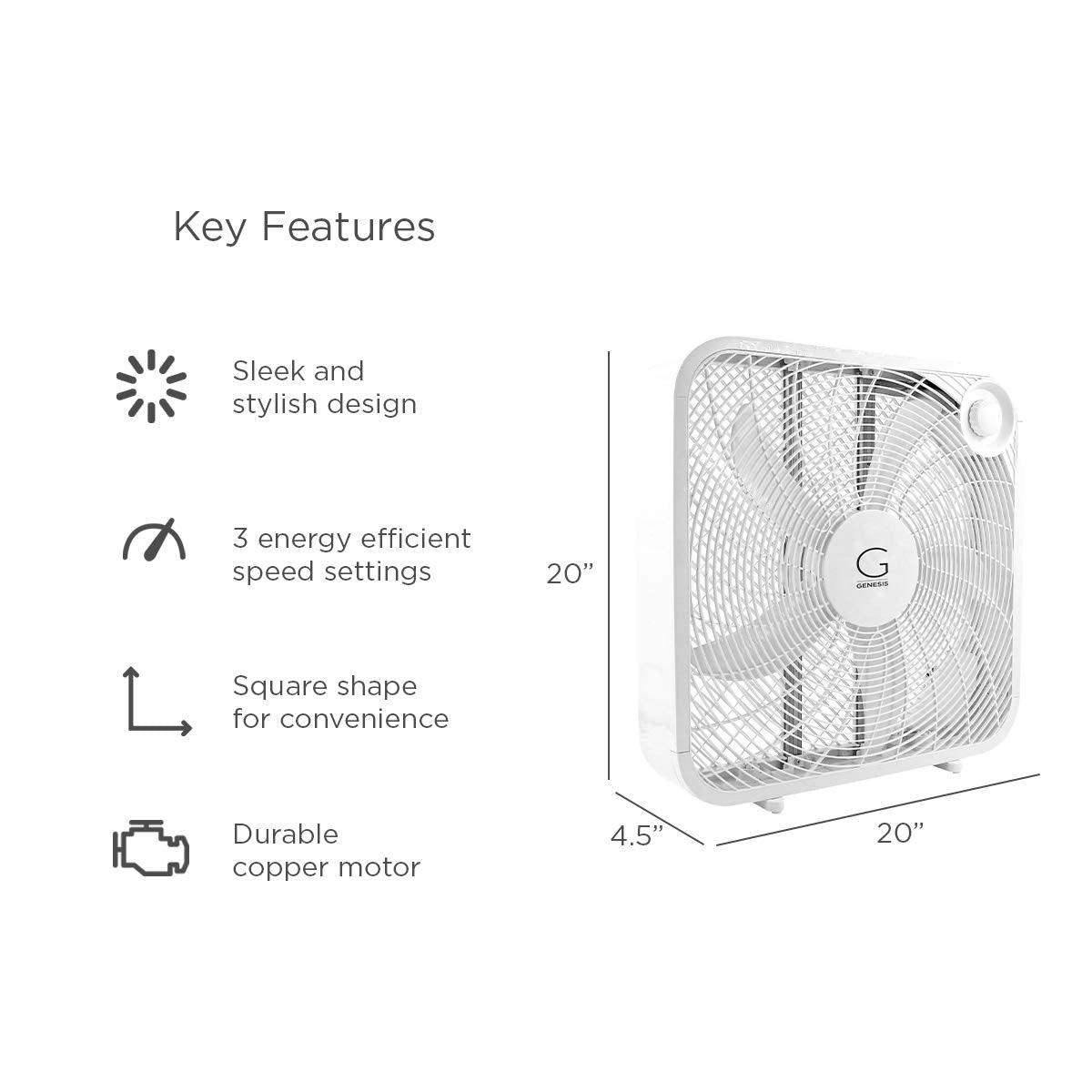 Genesis 20" Box Fan, 3 Settings, Max Cooling Technology, Carry Handle, White (G20BOX-WHT) 🍁 All In One Marketplace Canada