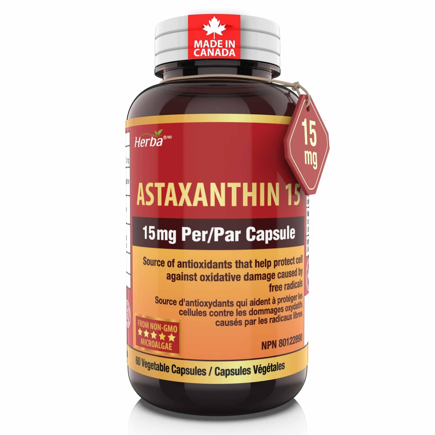 Herba Astaxanthin Supplement 15mg – 60 Vegan Capsules | Made with Non-GMO Micro-algae | Source of Antioxidant | Made and Third Party Tested in Canada 🍁 All In One Marketplace Canada