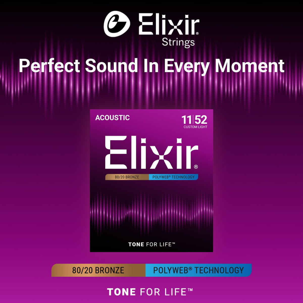 Elixir 80/20 Bronze Acoustic Guitar Strings with Polyweb Coating - Custom Light 11-52 🍁 All In One Marketplace Canada