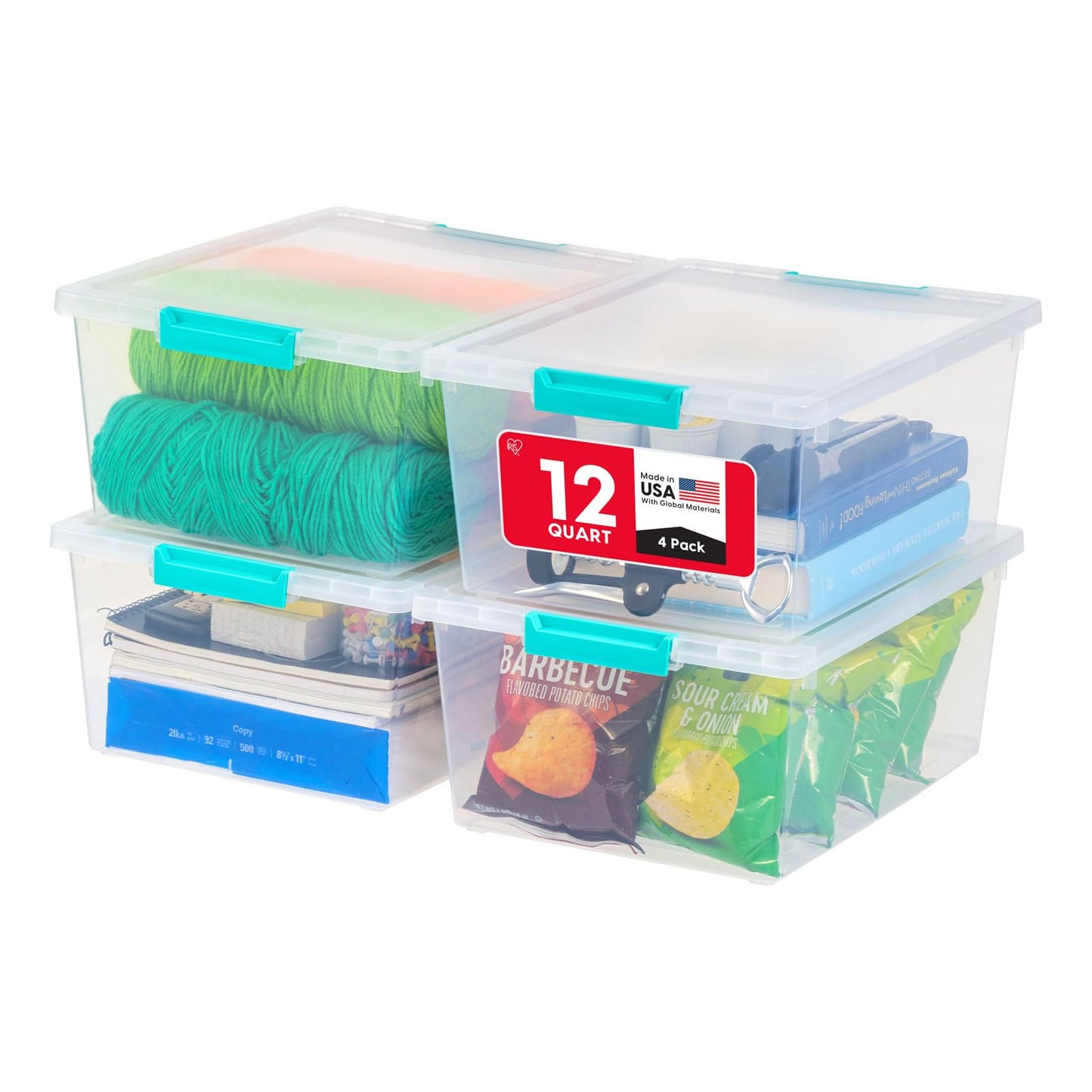 IRIS USA 11.4 L (12 US Qt) Large Deep Clip Box, 4 Pack, Clear Plastic Storage Container Bins with Latching Lids, Organizer for Home, Office and Classroom, Stackable Nestable, Seafoam Blue Buckles 🍁 All In One Marketplace Canada