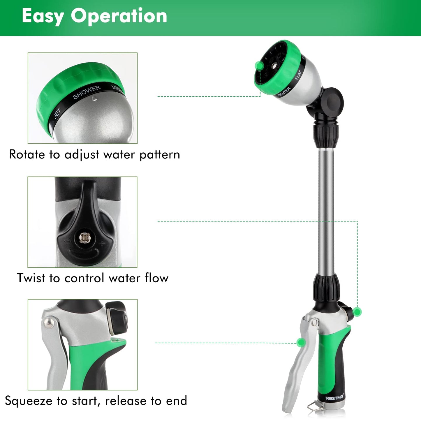 RESTMO Metal Watering Wand, Heavy Duty Garden Hose Wand with 180° Swivel Ratcheting Head, 16-Inch Hose Nozzle Sprayer with 7 Spray Patterns and Flow Control, Ideal to Water Hanging Baskets and Shrubs 🍁 All In One Marketplace Canada