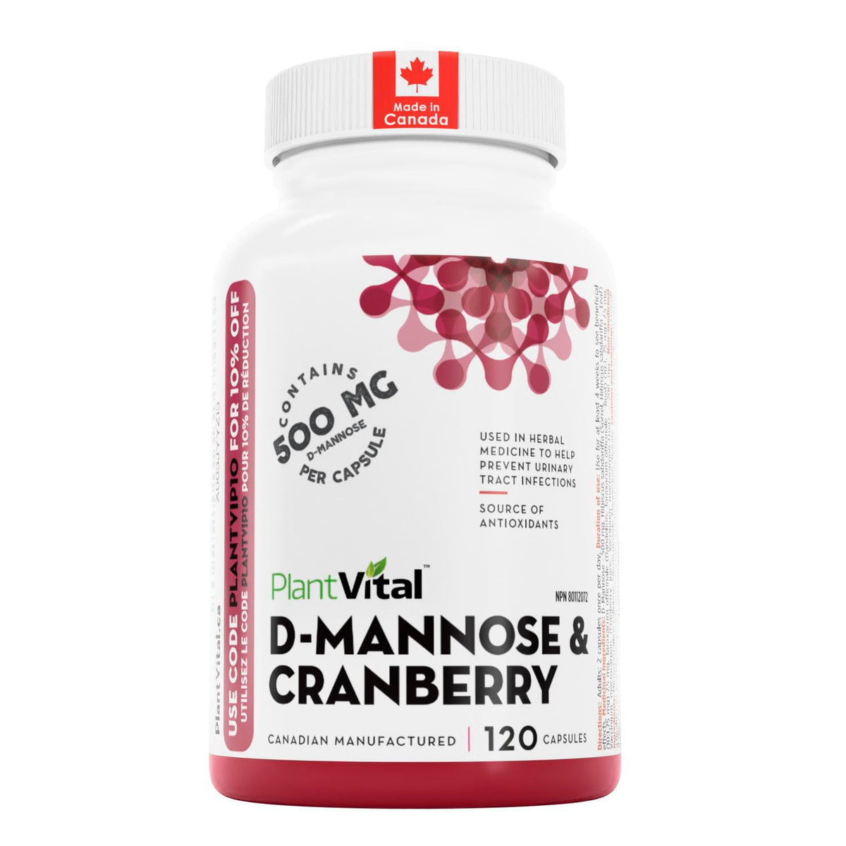 PlantVital D-Mannose Capsules - Made in Canada - 1000mg Daily Dose (2 Capsules) - Cranberry Pills for UTI Support & Bladder Health – DMannose and Cranberry Supplement - 120 Count, 2-Month Supply 🍁 All In One Marketplace Canada