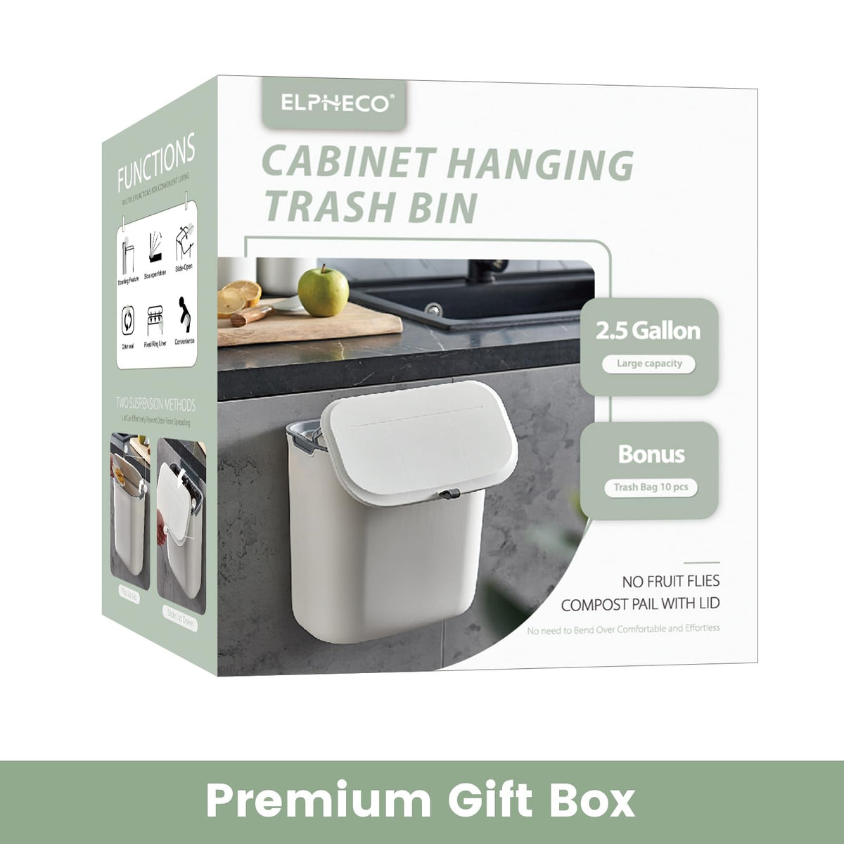 ELPHECO Compost Bin, 2.5 Gallon Hanging Trash Can with Lid, Kitchen Cabinet Door Under Sink Plastic Garbage Can Wall Mounted Slide Open, White 🍁 All In One Marketplace Canada