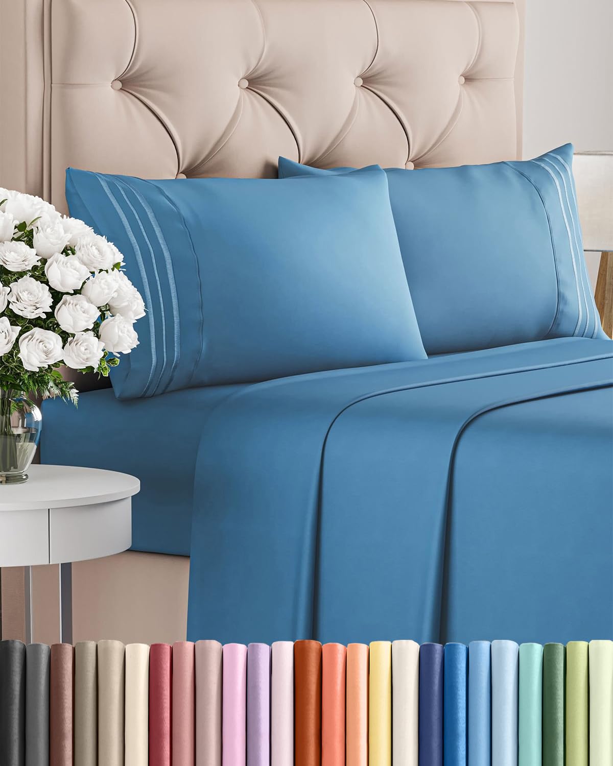 Queen Size 4 Piece Sheet Set - Comfy Breathable & Cooling Sheets - Hotel Luxury Bed Sheets for Women & Men - Deep Pockets, Easy-Fit, Soft & Wrinkle Free Sheets - Denim Blue Oeko-Tex Bed Sheet Set 🍁 All In One Marketplace Canada