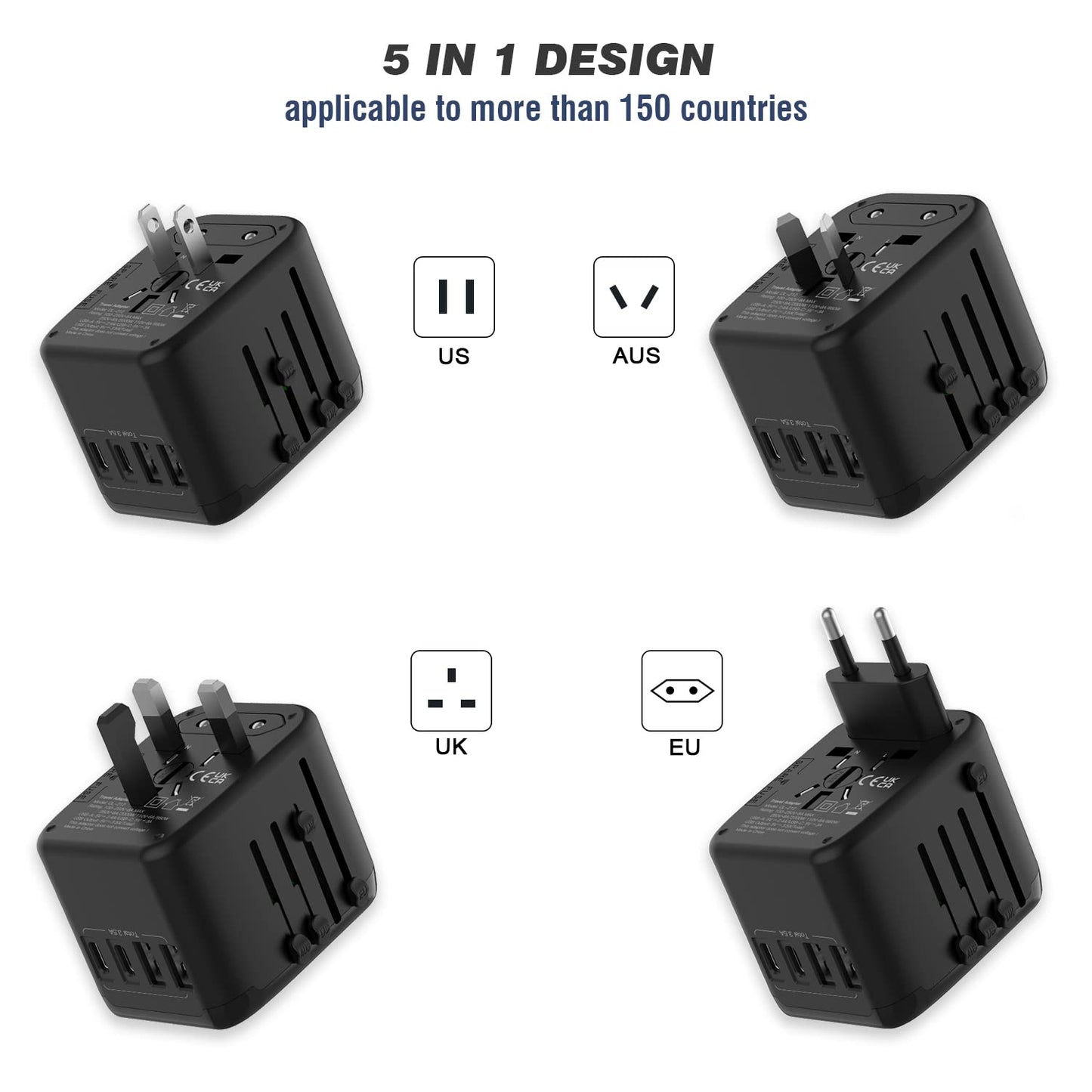 RXSQUL Universal International Power Travel Plug Adapter, 5 in 1 European Travel Plug Adapter W/ 3.5A 2xUSB-A And 2xUSB C Wall Charger and Worldwide AC Outlet for Europe USA UK AUS Asia-Black 🍁 All In One Marketplace Canada