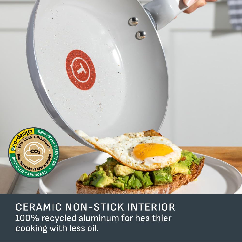 T-FAL Refresh Ceramic Nonstick Fry Pan Set, 2 Pieces, 8 Inch (20 cm) & 10 Inch (26 cm), Eco-Friendly, Durable for Healthy Cooking, Moon Grey 🍁 All In One Marketplace Canada