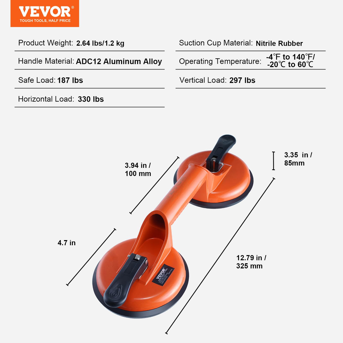 VEVOR Glass Suction Cup, 4.7" 2 Pack 330 lbs Load Capacity, Vacuum Suction Cup with Aluminum Handle, Heavy Duty Industrial Suction Cup Lifter Tool for Glass, Granite, Tile, Metal, Wood Panel Lifting 🍁 All In One Marketplace Canada