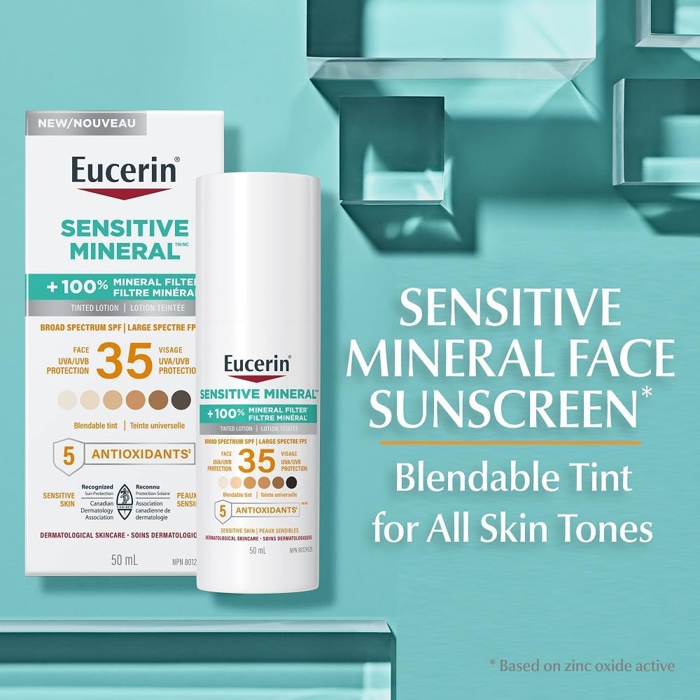 Eucerin Sun Tinted Mineral Face Sunscreen, Daily Face Sunscreen SPF 35 with Zinc Oxide and 5 Antioxidants, Mineral Body SPF 35 Lotion with UVA-UVB Sun Protection, Fragrance Free & Non Greasy, 50 ml pump 🍁 All In One Marketplace Canada