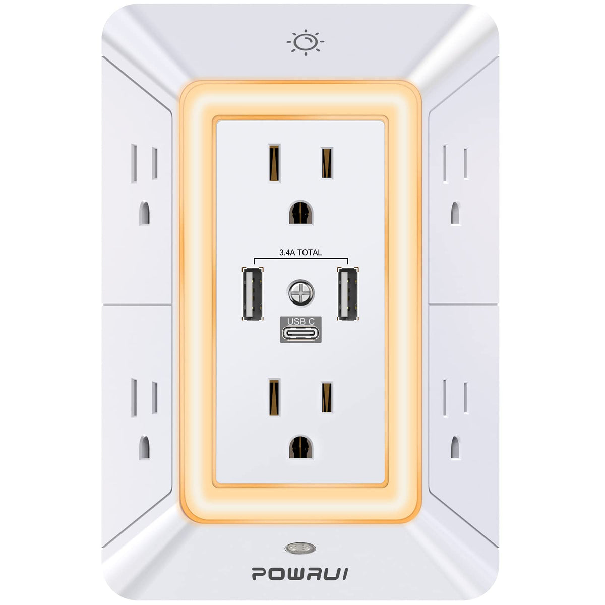 3-Sided Power Bars with Surge Protector, POWRUI 6-Outlet Extender with 3 USB Ports (1 USB C) and Night Light, Multi Plug Outlet and Spaced Outlets Adapter, ETL, White 🍁 All In One Marketplace Canada