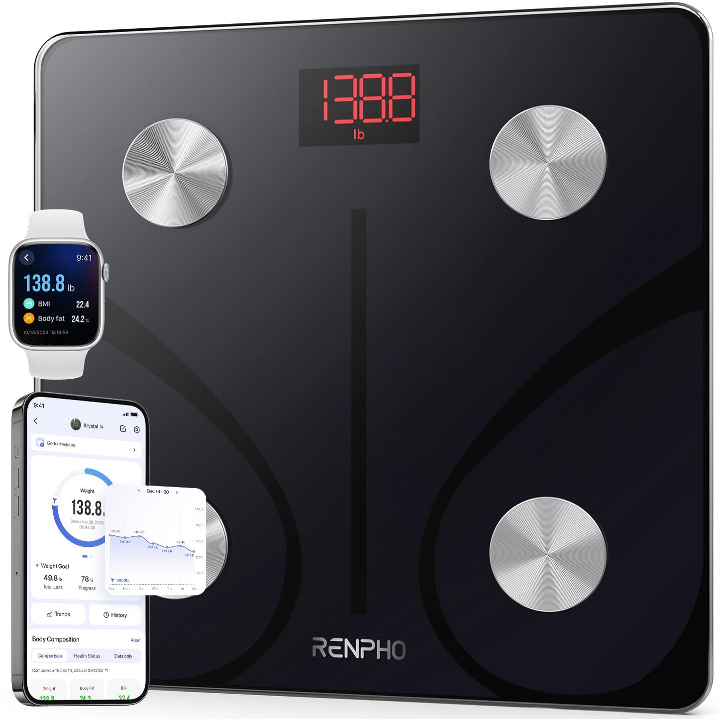RENPHO Body Fat Scale, Smart Scale for Body Weight, BMI Digital Bathroom Weight Scale, Body Measurements with Smartphone App sync with Bluetooth, 400 lbs - Black, Elis 1 🍁 All In One Marketplace Canada