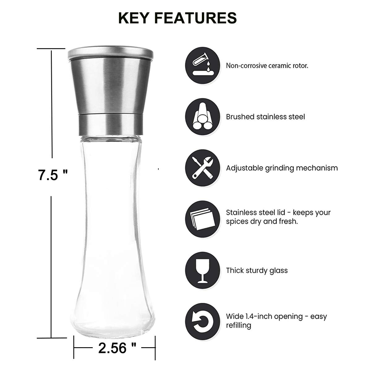 Pepper Grinder or Salt Grinder, Best Spice Mill with Ceramic Blades, Adjustable Coarseness, Brushed Stainless Steel Cap, and Refillable Tall Glass Body with 6OZ Capacity (7.5") 🍁 All In One Marketplace Canada