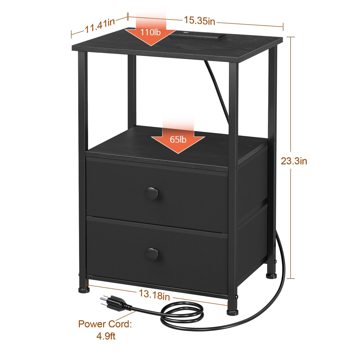 LOAKEKEL Night Stands Set 2, Bedside Table with Charging Station and LED Light, Nightstand with 2 AC Outlets and USB Ports, End Table with 2 Fabric Drawers for Bedroom, Living Room, Black, HETS02BK 🍁 All In One Marketplace Canada