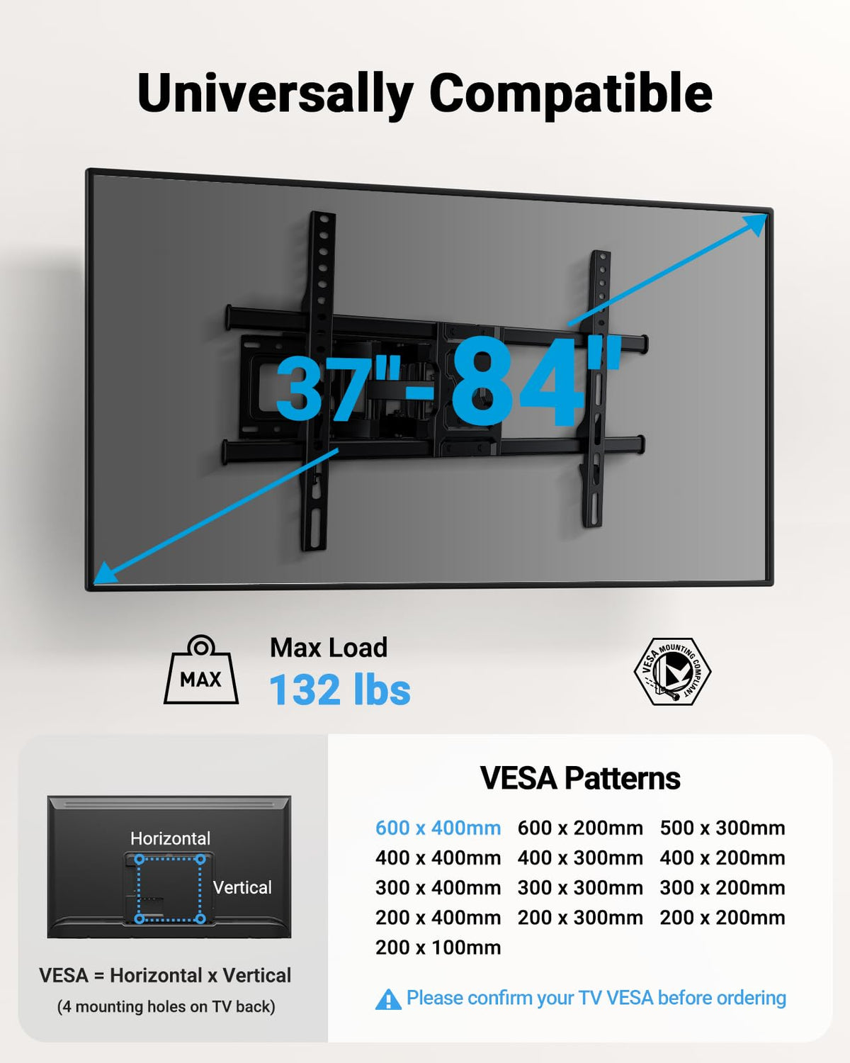 Pipishell Full Motion TV Wall Mount for 37-84" Flat Curved TVs, Wall Mount TV Bracket with Dual Articulating Arms Swivel Tilt Rotation, TV Mount up to 132lbs Max VESA 600x400 Fit 12"-16" Wood Stud 🍁 All In One Marketplace Canada