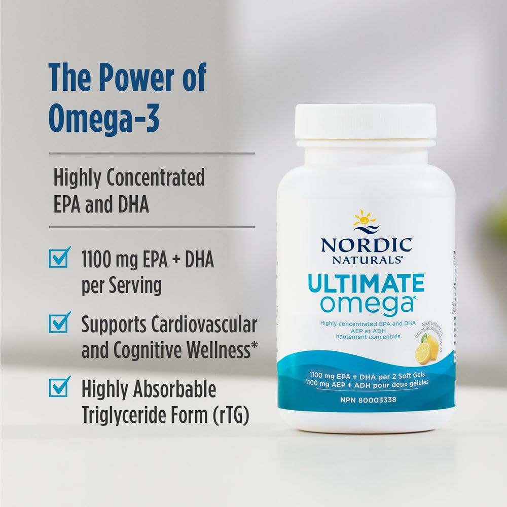 Nordic Naturals Ultimate Omega SoftGels - Omega-3 Supplement, Concentrated Fish Oil With More DHA and EPA, Supports Heart Health, Brain Development and Overall Wellness, Lemon, 60 Count 🍁 All In One Marketplace Canada
