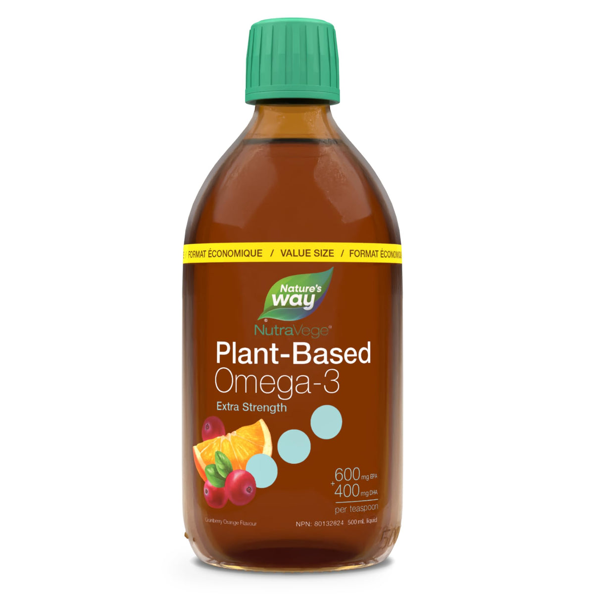 Nature's Way NutraVege Plant-based Omega-3 Supplement, Extra Strength Formula, Vegetarian, EPA + DHA from Algal Oil, Vegan, Cranberry Orange Flavour, 500 mL Liquid, Value Size 🍁 All In One Marketplace Canada