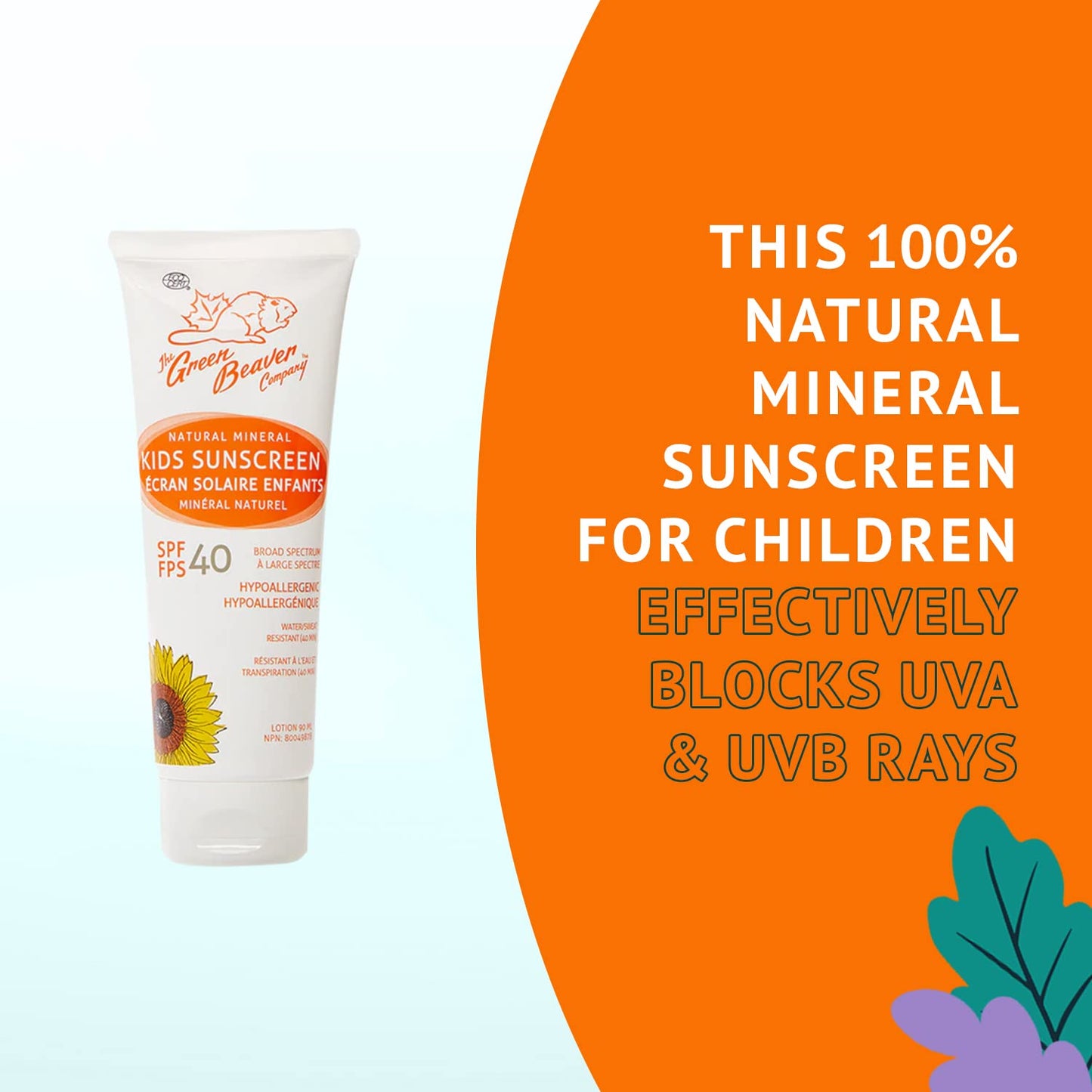 Green Beaver SPF 40 Sport Sunscreen for Kids, 100% Natural Lotion, Reef Safe, Mineral made with Organic Ingredients, Broad-Spectrum UVA and UVB Sun Protection, Water and Sweat resistant, Benzene-free, Hypoallergenic and Hydrating for the Skin, 90ml