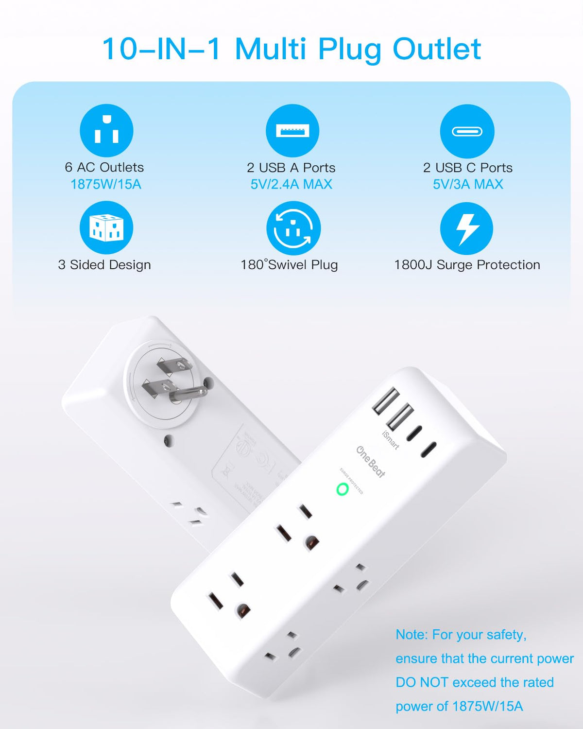 Surge Protector Outlet Extender - with Rotating Plug, 6 AC Multi Plug Outlet with 4 USB Ports (2 USB C), 1800 Joules, 3-Sided Swivel Power Bar with Spaced Splitter for Home, Office, Travel 🍁 All In One Marketplace Canada