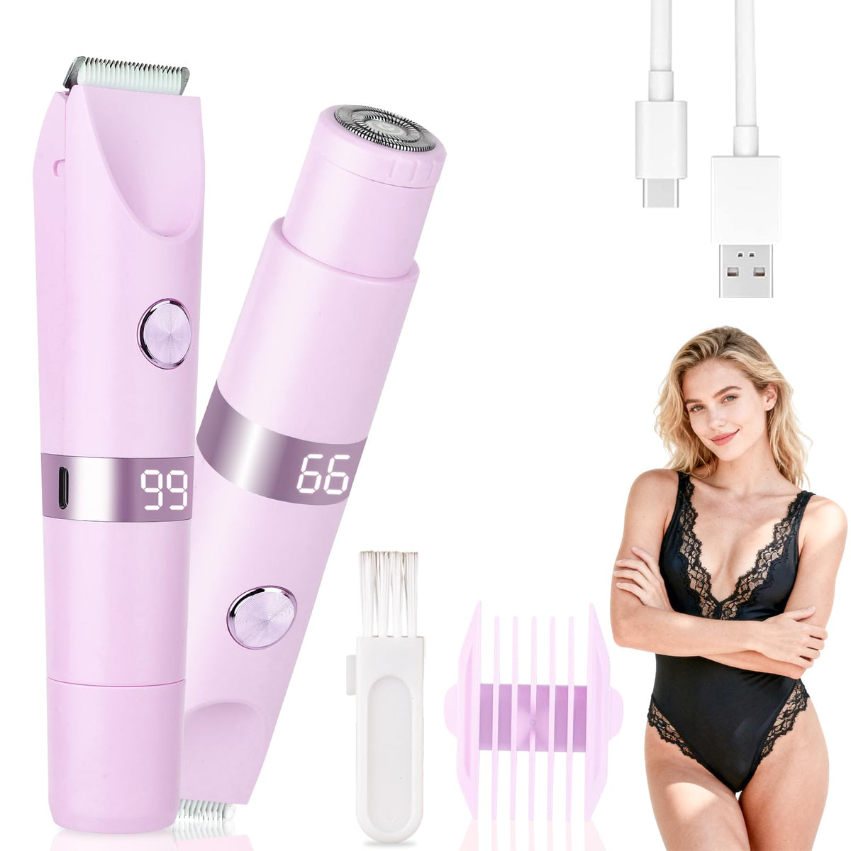 Beanify 2-in-1 Electric Shaver & Bikini Trimmer With LED Display for Women & Men，IPX7 Waterproof Wet/Dry Electric Razor With Dual Head , Rechargeable Painless Body & Facial Hair Remover, Travel-Size (Purple) 🍁 All In One Marketplace Canada